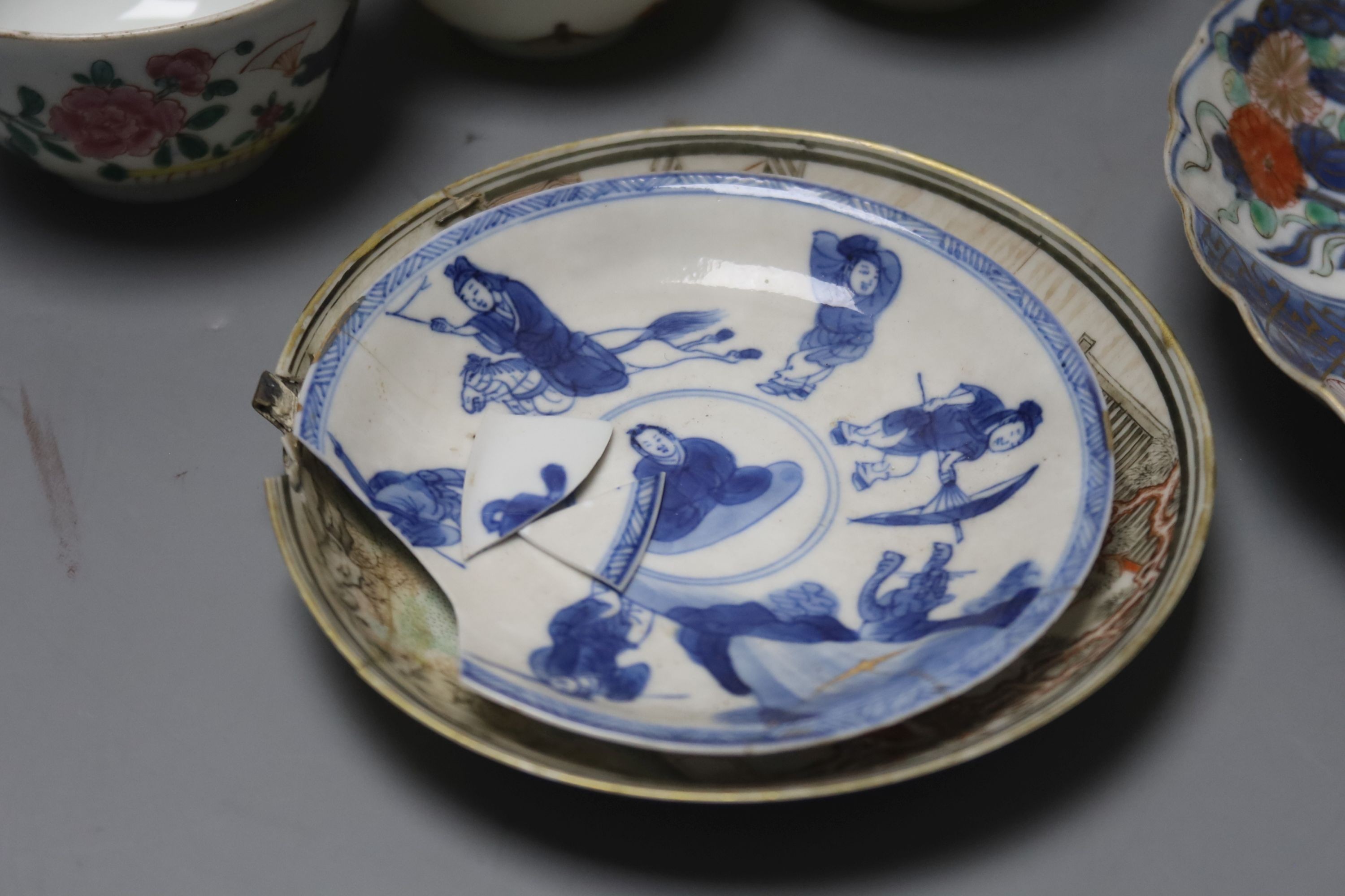 A group of Chinese enamelled porcelain vases and bowls, a similar blue-and-white jar and cover, 18th century and later